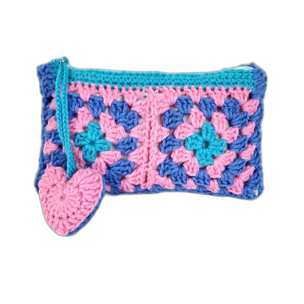 Handmade Crochet Granny Square Clutch Boho Heart Charm Makeup Pouch